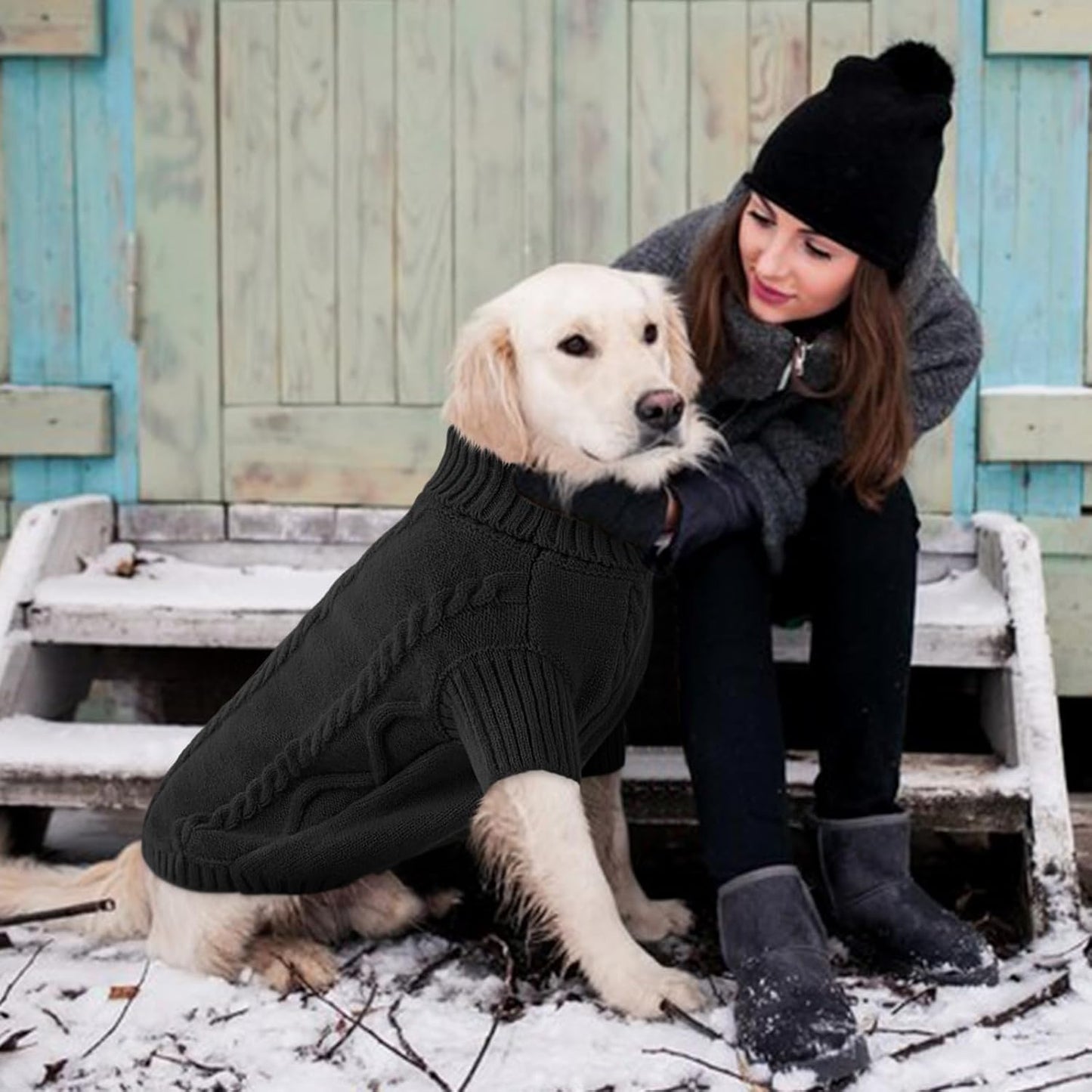 Queenmore Small Dog Pullover Sweater, Cold Weather Cable Knitwear, Classic Turtleneck Thick Warm Clothes for Chihuahua, Bulldog, Dachshund, Pug (Black, Medium)