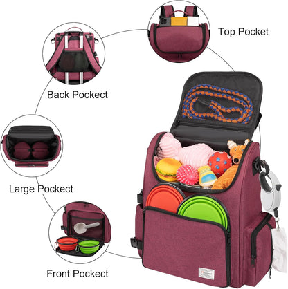 Modoker Dog Travel Bag Backpack, Airline Approved Pet Accessories Organizer for Dog and Cat with Shoulder Strap, 2 Dog Food Storage Containers, 2 Collapsible Dog Bowls,1 Pet Mat, Rose Red