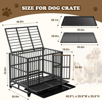 Dog Crate with Removable Tray, 37/42/46 Inch Indestructible and Escape Proof Steel Dog Cage Kennel for High Anxiety Dogs, Heavy Duty Dog Crate with Wheels, Double Door, Extra Large XL XXL