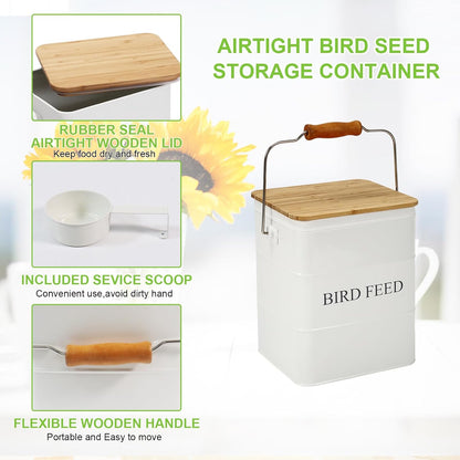 Bird Seeds storage container,Bird Seed Container,Metal food tin for Birds, pet snacks Canisters with wooden lid/handle/sevice scoop,hold 5-6 lbs