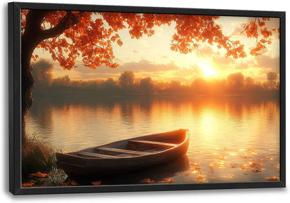 Large Lake Sunrise Landscape Wall Art for Living Room, Nature Boat Canvas Oversized Wall Decor, River Scenery Framed Pictures Painting Print Artwork for Bedroom Office 36"L x 24"W