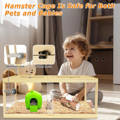 Large Hamster Cage 48", Front Opening Lockable Sliding Door Gerbil Cage, Dwarf Hamster Cage with Metal Mesh Roof, Chewproof Syrian Hamster Habitat Enclosure, (Wooden, 48" L x 20" W x 20" H)