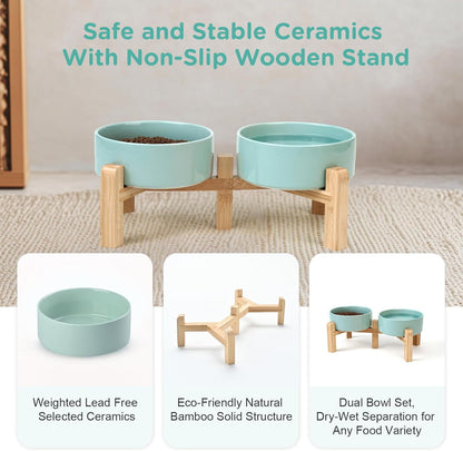 SPUNKYJUNKY Elevated Dog Bowls Ceramic, 5.1'' Dogs and Cat Food Water Bowls Raised with Non-Slip Bamboo Stand for Puppy Small Sized Breed Microwave Dishwasher Safe - 13.5 OZ,Light Green