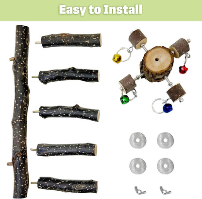 BNOSDM Natural Wood Bird Ladder Perch with Rotating Bell Toys-Exercise Stands for Parrot Climbing Chewing Parakeet Bridge Cage Accessories for Cockatiel, Conures, Lovebirds, Budgie