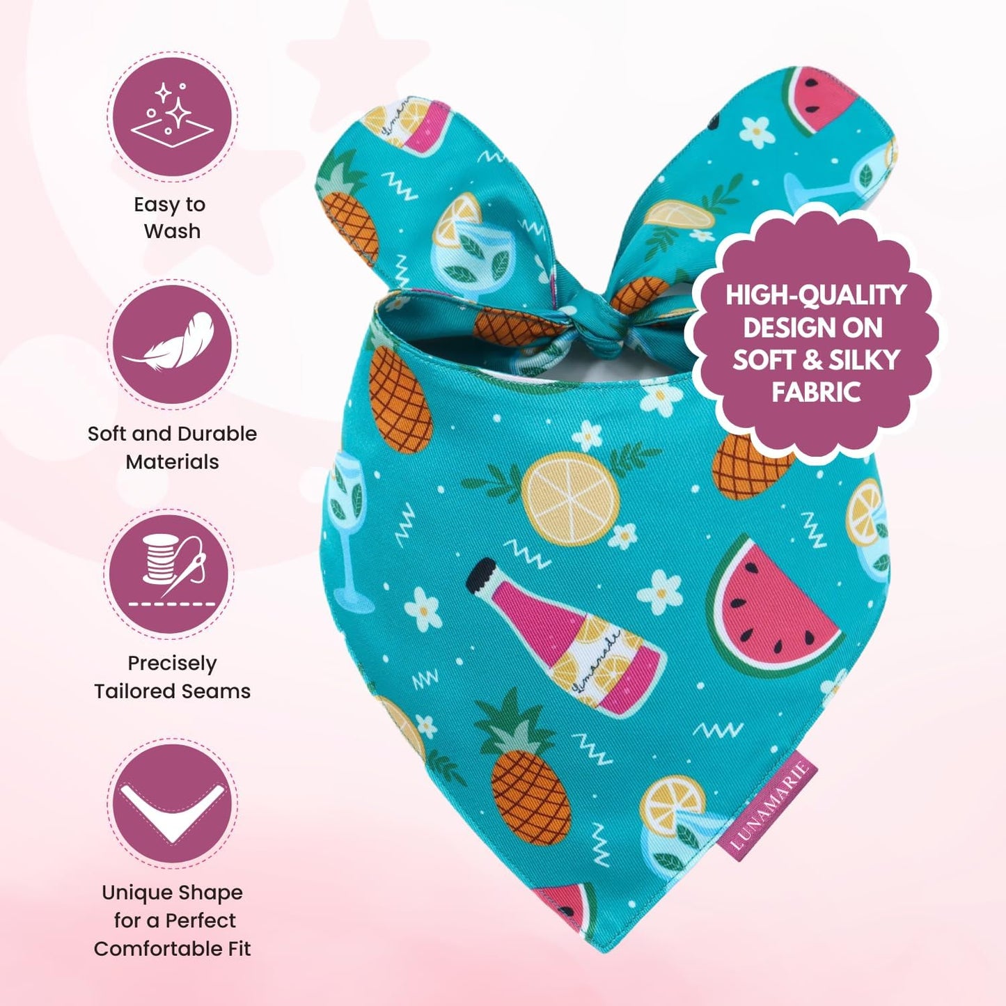 LunaMarie - Luxury Pet Birthday Bandanas -Premium & Silky Poly Fabric | 100% Handmade | Custom Shape Dual Layered (Sippin' Poolside, Large)