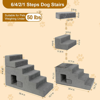 Dog Stairs for Small Dogs 27”H, 6-Step Dog Steps for High Bed, High-Density Foam Pet Stairs with Non-Slip Removable Washable Cover to Get on Bed