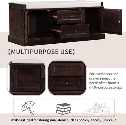 Storage Bench with 2 Drawers and 2 Cabinets, Pine Wood Pine Wood Shoe Bench with Removable Cushion for Living Room, Entryway 42.5" L x 15.9" W x 17.5" H (Espresso)