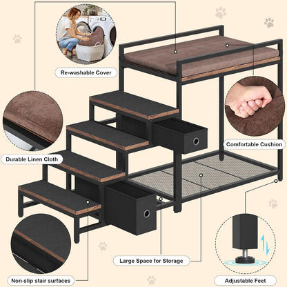 Pet Bunk Bed with Removable Stairs and 2 Drawers, Dogs/Cats Window Perch, Dog Window Seat with Soft Cushion, Ultra-Shallow Steps, Sturdy Metal Frame, Non-Slip