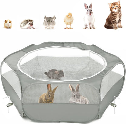 Pawaboo Small Animals Playpen, Waterproof Small Pet Cage Tent with Zippered Cover, Portable Outdoor Yard Fence with 3 Metal Rod for Chick/Kitten/Puppy/Guinea Pig/Rabbits/Hamster/Chinchillas,Light Gray