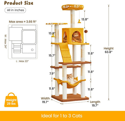 MWPO Cat Tree, 63.8-Inch Cat Tower for Indoor Cats, Multi-Level Cat Condo with 5 Scratching Posts, 2 Perches, Hammock, Dangling Toys, Yellow
