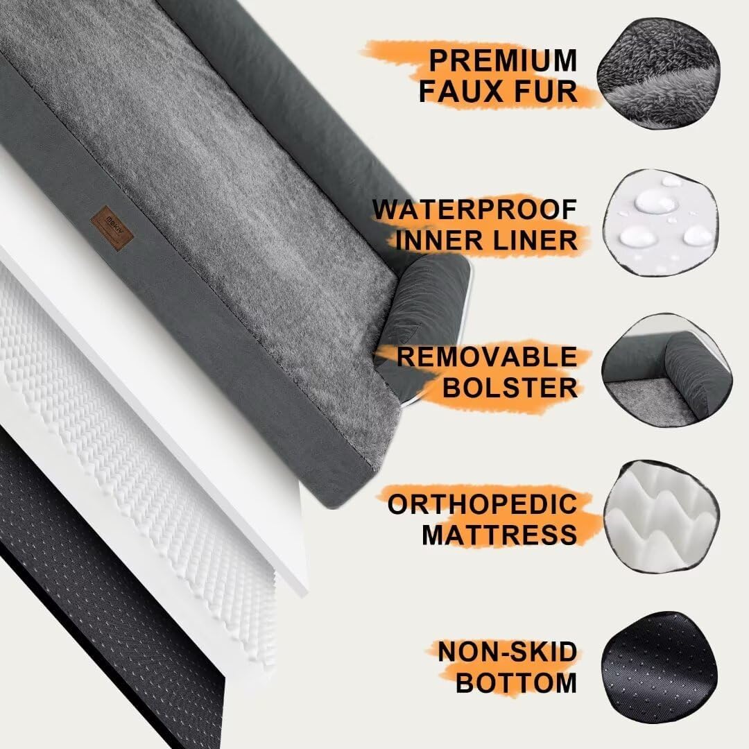 Large Dog Bed Orthopedic Washable: Dark Grey Dog Bed with Waterproof Cover and Removable Bolster, Egg Foam Couch Sofa for Medium XXXLarge Dogs