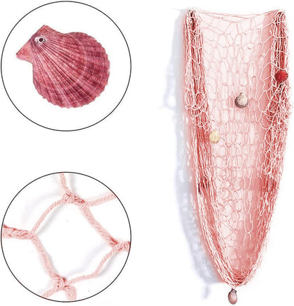 Nature Fish Net Wall Decoration with Shells, Ocean Themed Wall Hangings Fishing Net Party Decor for Pirate Party,Wedding,Photographing Decoration (Pink)