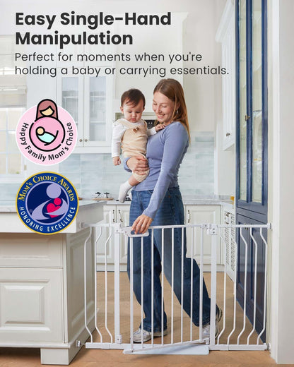 Mom's Choice-GROWNSY Baby Gate for Stairs, 29.5"-48.4" Pressure Mounted Baby Gate for Top of Stair&Doorway with V-Shaped Rods, Anti-Trip Pedal, Extra Wide Stairs Dog Gate Easy Install w/Red Reminder