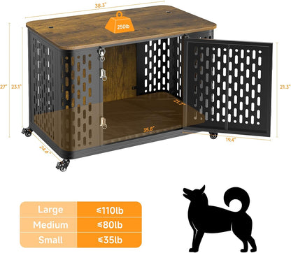 Dog Crate with Cushion, 38" Wood Heavy Duty Dog Crate Furniture with Flip Top & Wheels for High Anxiety Dogs, Escape Proof Pet Cage for Small/Medium Dogs