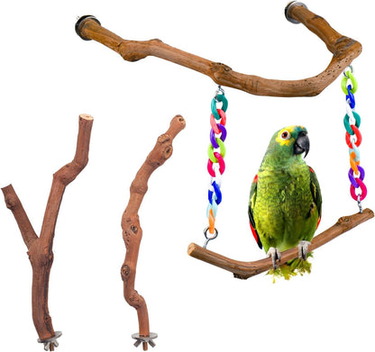 Bird Swing Toys, Standing Bird Perch with Natural Grape Wood, U Shape Hangable Birdcage Accessories, Birds Chewing Toy for Budgerigars, Parakeets, Cockatiels, Conures, Lovebirds, Finches (3Pack)