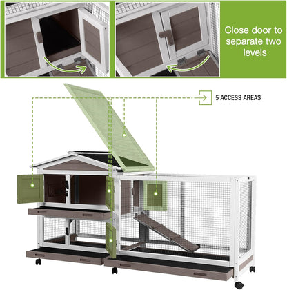 GUTINNEEN Rabbit Cage Indoor Bunny Hutch with Chew-Proof Ramp - 2 Story Guinea Pig Cages Outdoor with 6 Wheels, Leakproof Pull-Out Tray for Rabbits, Guinea Pigs (Brown)