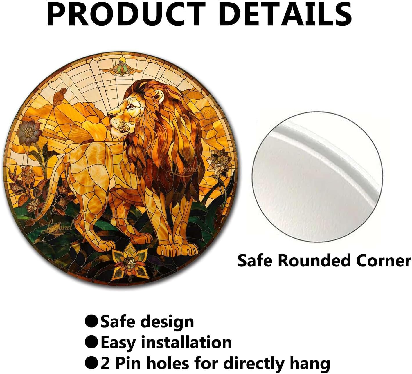 Lygond Metal Sign Tin Sign Circular Stained Glass Lion Funny Outdoor Decor for Club 8×8 Inches