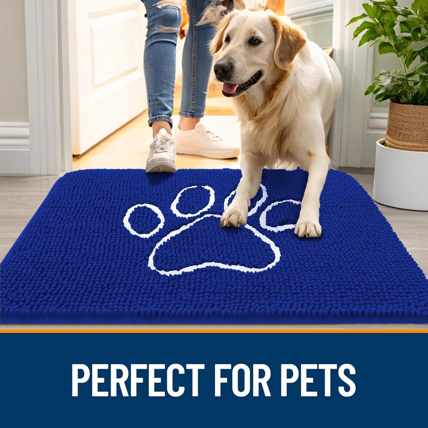 OLANLY Door Mat for Muddy Dog Paws 36x24, Ultra Absorbent Chenille Mud Doormat with Paw Print Design, Non-Slip Washable Doormat for Indoor Entryway, Quick-Dry Pet Bed Mats for Dirty Dogs, Royal Blue