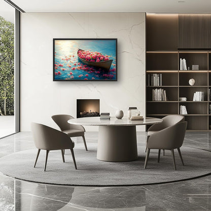 Large Lake Floral Landscape Wall Art for Living Room, Nature Boat Flower Canvas Oversized Wall Decor, Rose Scenery Framed Pictures Painting Print Artwork for Bedroom Office 36L" x 24W"