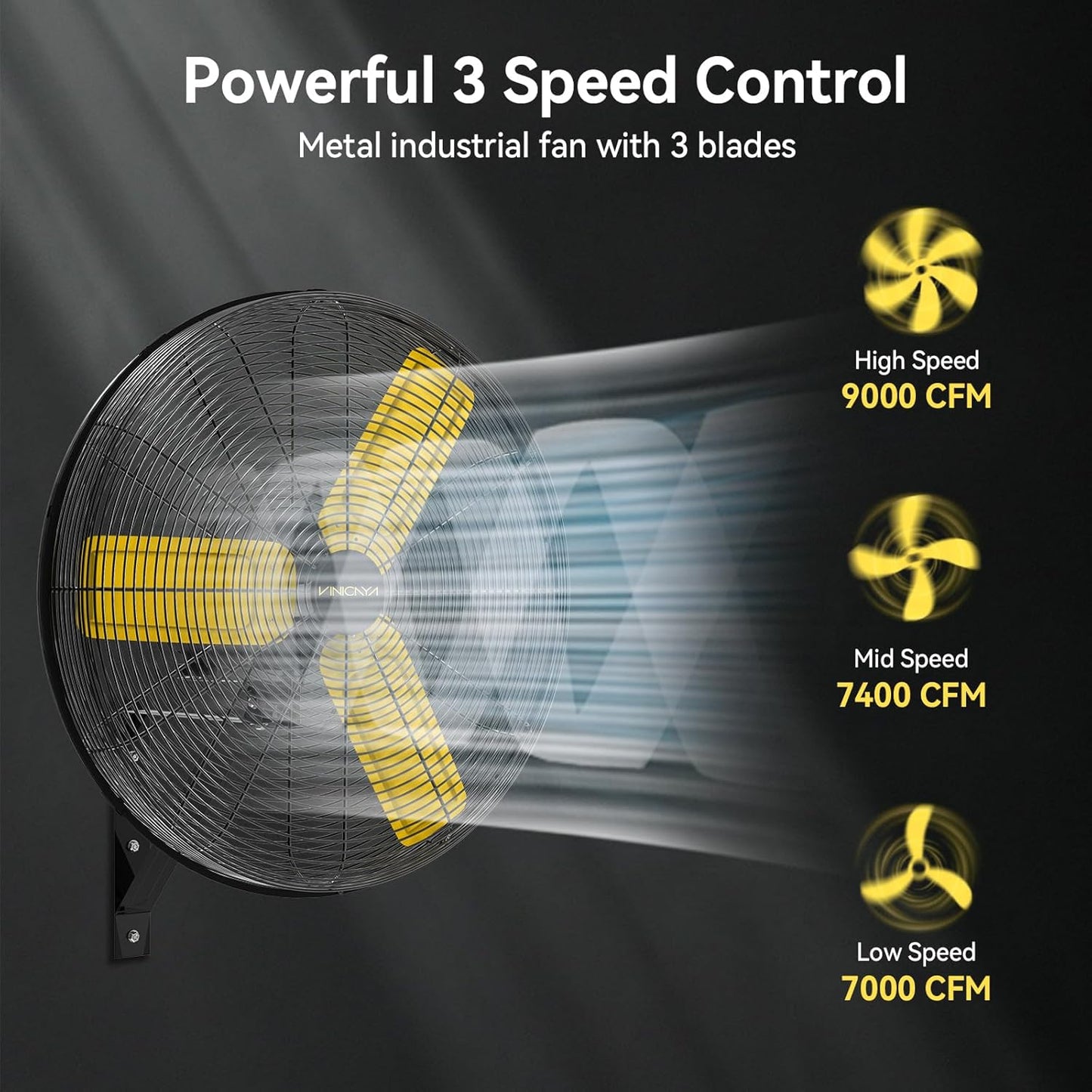 24 Inch Industrial Wall Fan Oscillating, 7800 CFM Commercial Metal Wall Mount Fans with Poweful Motor, 3 Speed, Heavy Duty Indoor for Warehouse, Workshops, and Garage, UL Listed