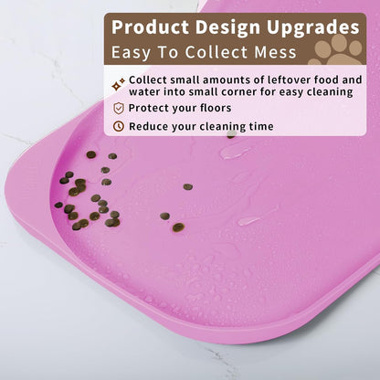 Silicone Pet Feeding Mat with Raised Edge & Residue Collection Pocket for Food and Water, Dog Bowl Mats, Cat Bowls Placemat with High Lip for Floor Waterproof, 24 x 16 x 0.8 Pink