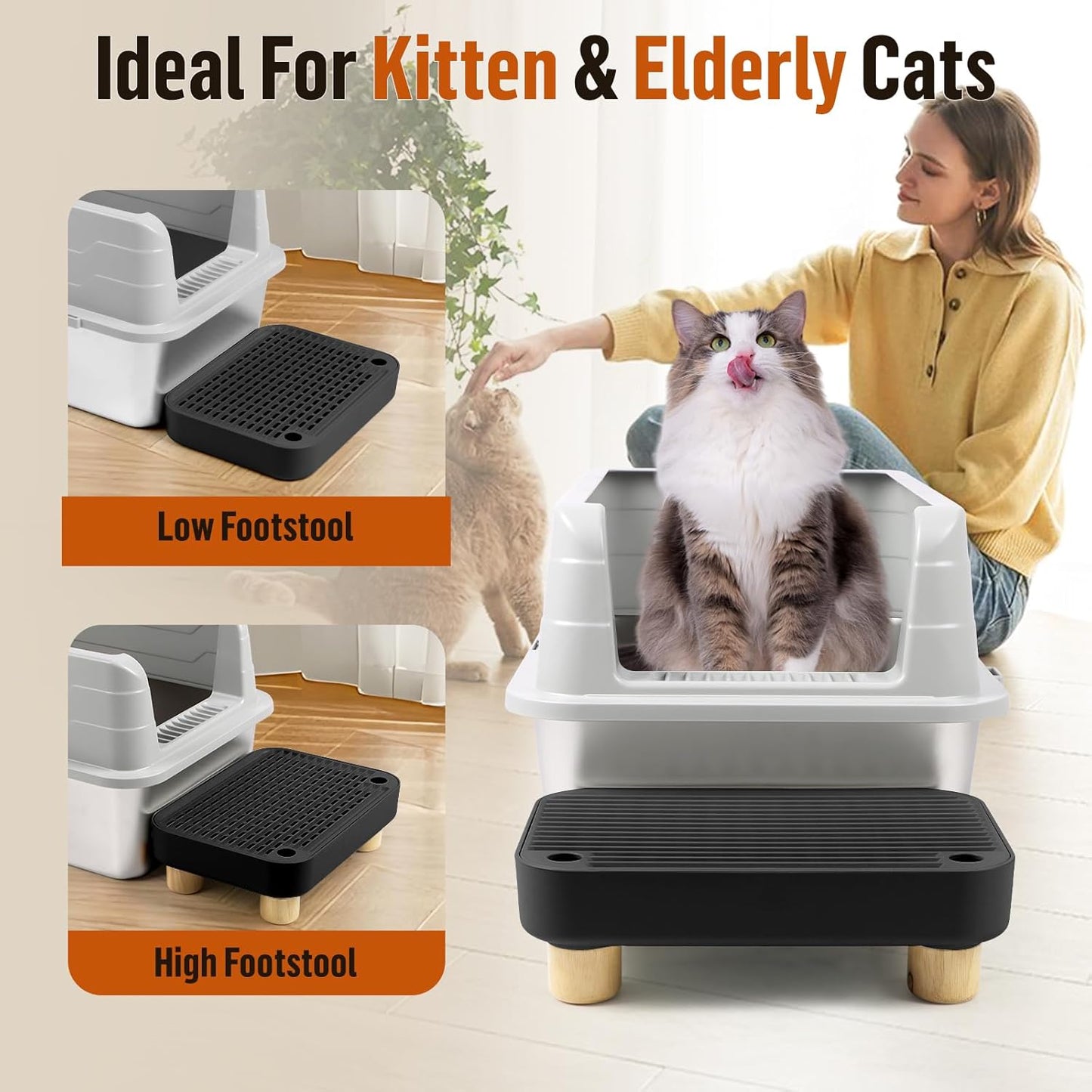 Cat Litter Box Step Ramp, Cat Litter Catcher Mat with Wooden Feet, Filter Function, Cat Pedal Stool for Self-Cleaning Cat Litter Box, Ideal for Kitten & Elderly Cats (Black)