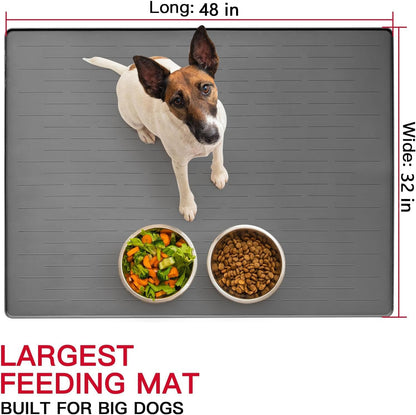 48" x 32" XXXL Largest Pet Food Mat, Silicone Dog Mats for Food and Water, Nonslip Pet Feeding Mats for Floors,Dog Cat Bowl Mat with Raised Edges, Light Gray