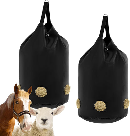 2 Pcs hay Bags for Horses Goats Slow Feed 1680D Oxford Bag Black Large Capacity Net Open Feed Hole Hay Holder for Horse Goats Sheep(5 Holes)