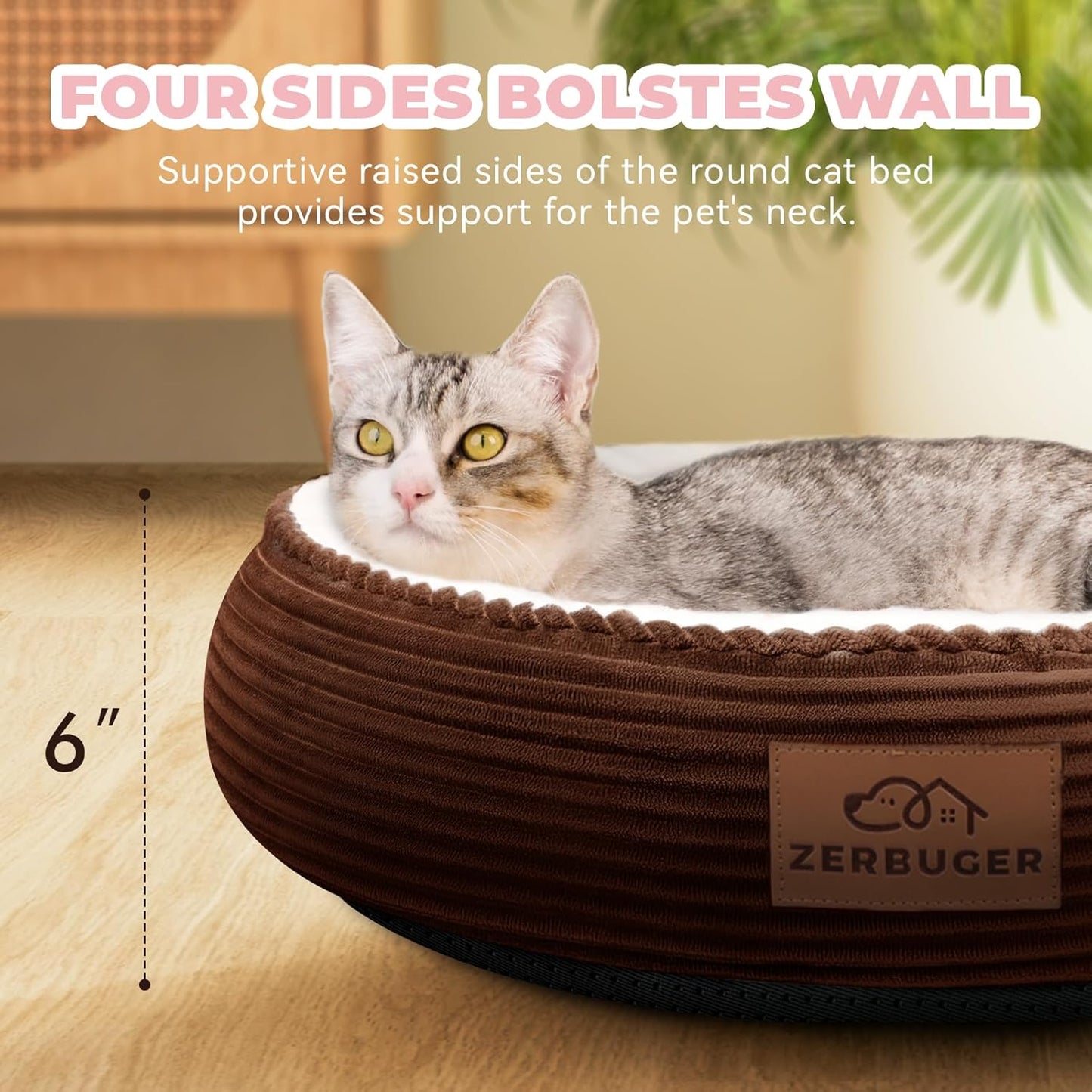 20in Washable Cat Beds for Indoor Cats - Round Donut Pet Bed for Cats, Small Dogs, Puppy, Kitten - Anti-Slip Bottom, Calming Bed Gift - Brown
