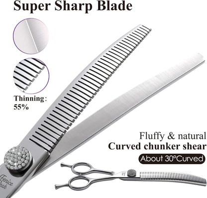 Fenice Peak 6.5‘’ Curved Thinning Dog Grooming Scissors with Jewelled Screw 440C Stainless Steel Pet Grooming Bulking Shears with Symmetrical Handle and Decorative Tail Nails Fluffy Scissors