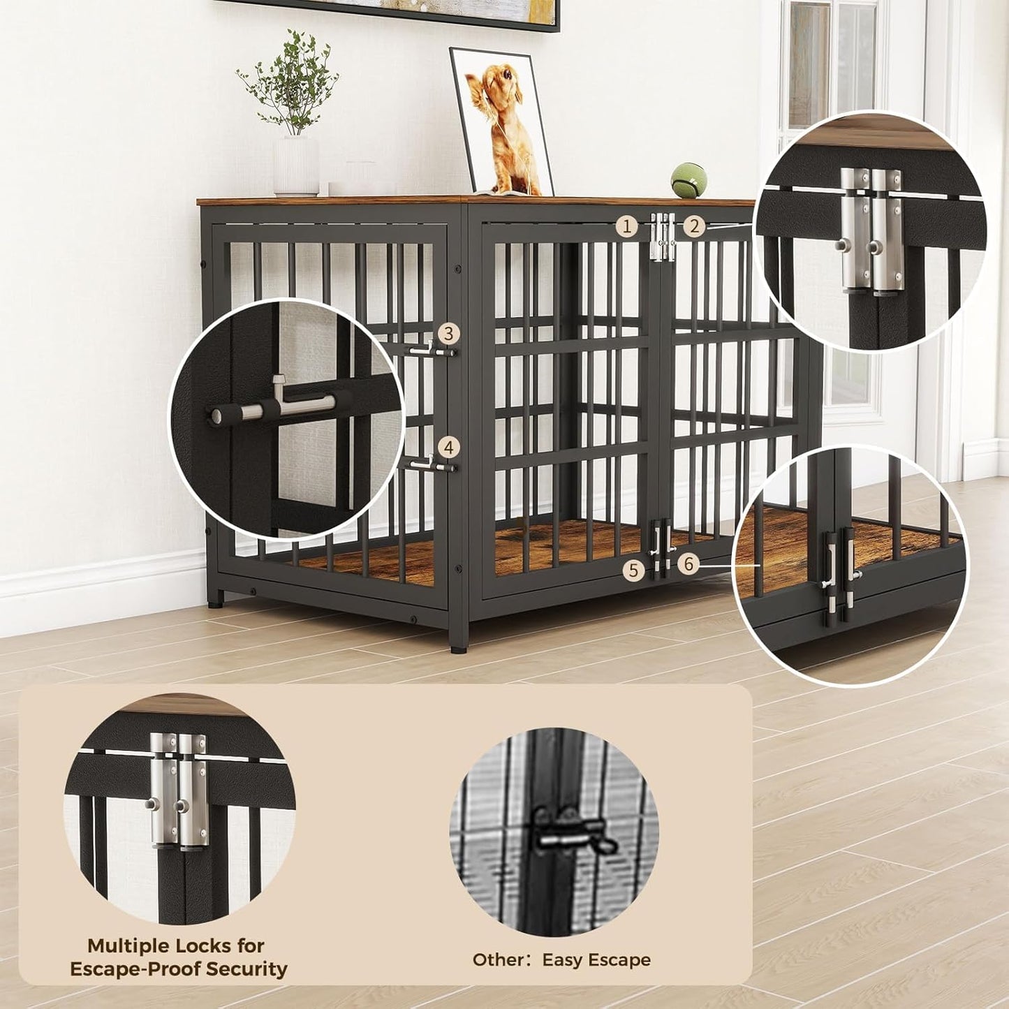 38 Inch Heavy Duty Wooden Dog Kennel End Table with Double Door Design and Secure Locks, Indoor Pet Crate Furniture for Medium Dogs, Decorative Home Cage Design,Aged Black