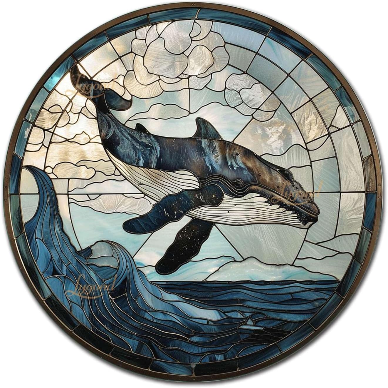 Lygond Metal Sign Tin Sign Circular Stained Glass Whale Bar Sign for Garage 8×8 Inches