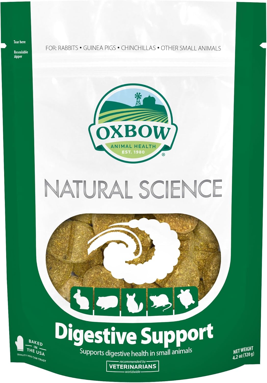 Oxbow Animal Health Natural Science Digestive Support, High Fiber Supplement for Rabbit & Guinea Pig, Made with Timothy Hay, Includes Chicory Root, Ginger Root, Chamomile, Made in USA, 4.2 oz Bag