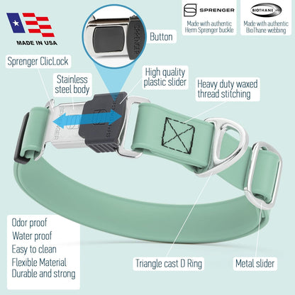 Dogline Biothane Waterproof Dog Collar with Herm Sprenger Stainless Steel Quick Release Buckle – Heavy Duty Tactical Durable Collar for Dogs – Comfortable and Safe Pet Collar, W 1" L 15-25" Sage Green