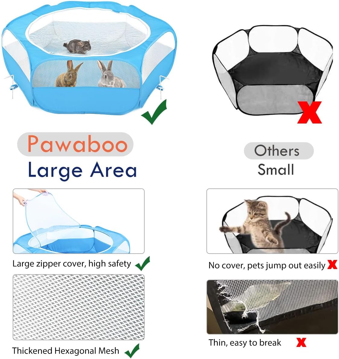 Pawaboo Small Animals Playpen, Waterproof Small Pet Cage Tent with Zippered Cover, Portable Outdoor Yard Fence with 3 Metal Rod for Chick/Kitten/Puppy/Guinea Pig/Rabbits/Hamster/Chinchillas,Light Blue
