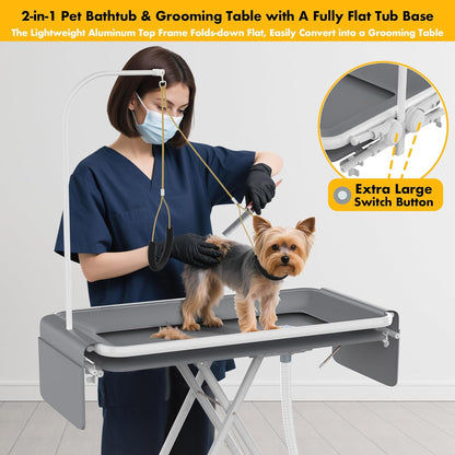 PAWZIDEA 2-in-1 Portable Dog Bathtub & Grooming Table, 33" Foldable Pet Washing Station for Small Medium Dogs Cats, Elevated Tubs for Bathing Shower Indoor Outdoor, 5 Height Adjustable, Storage Pocket