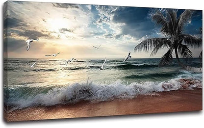 Yxbhhym Beach Wall Art Picture for Living Room Ocean Sunset Canvas Wall Decor Paintings Sea Poster Seascape Print Art Palm Artwork for Wall Art Bedroom Office Decoration Framed- 20x40inches