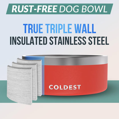 Coldest Dog Bowl - Anti Rust Metal, Non Slip, 3 Layers Insulated Stainless Steel Dog Bowls - Spill Proof & Heavy Duty - Water Bowl for Dogs, Cats & Pets, Dish Washer Safe (100 oz, Crimson Red)