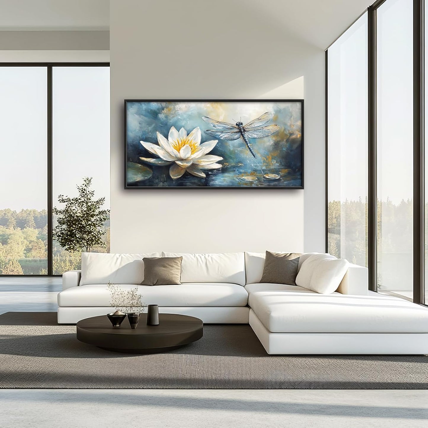 Extra Large Lotus Dragonfly Framed Wall Art for Living Room,Abstract Blue Lotus Flower Lake Pictures Wall Decor,Nature Canvas Print Painting Modern Artwork Bedroom Office Bathroom 60L" x 30W"