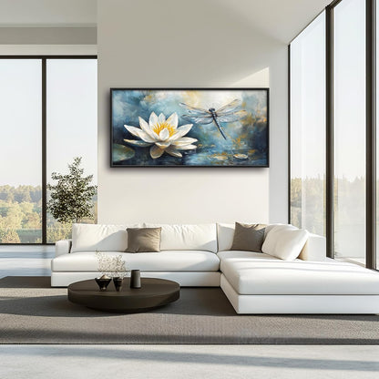 Extra Large Lotus Dragonfly Framed Wall Art for Living Room,Abstract Blue Lotus Flower Lake Pictures Wall Decor,Nature Canvas Print Painting Modern Artwork Bedroom Office Bathroom 60L" x 30W"