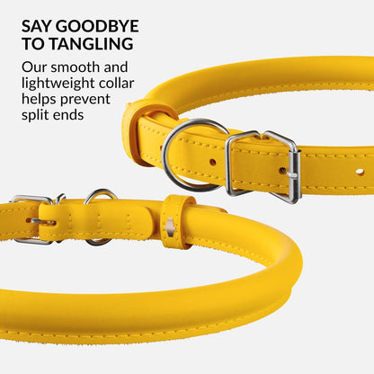 CollarDirect Rolled Leather Dog Collar, Soft Padded Round Puppy Collar, Handmade Genuine Leather Collar Dog Small Large Cat Collars 13 Colors (11-14 Inch, Yellow Smooth)