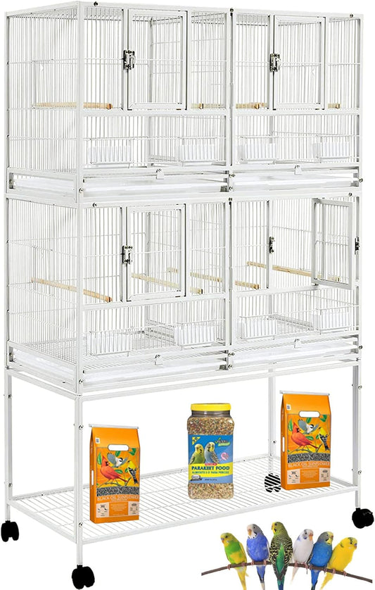 1/2/3-Combo Stacker Center Divided Breeder Breeding Bird Flight Double Rolling Cage for Aviaries Canaries Cockatiels Lovebirds Finches Budgies Small Parrots (White Vein, Two Stacker)