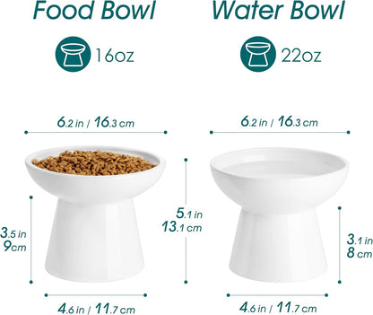 vancasso Ceramic Elevated Cat Bowls 2-Pack - 6.2" Extra Wide Raised Cat Food & Water Dishes, 5.1" Optimal Height Anti-Whisker Fatigue Shallow Bowls for Cats/Kittens/Dogs, Lead & Cadmium Free (White)