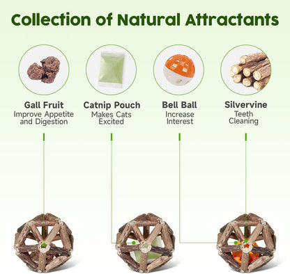 Potaroma Catnip Toys, 3Pcs Cat Toys Natural Silvervine Stick Cage Balls & Bell Ball for Indoor Cats, Kitten Cleaning Teeth Molar Matatabi Cat Chew Toy All Breeds