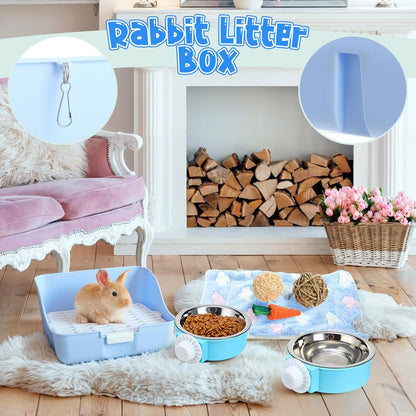 15 Pcs Rabbit Starter Kit Small Rabbit Litter Box Animal Grooming Kit Bunny Toys Bowl Blankets with Cleaning Set for Guinea Pig Accessories(Candy Blue)