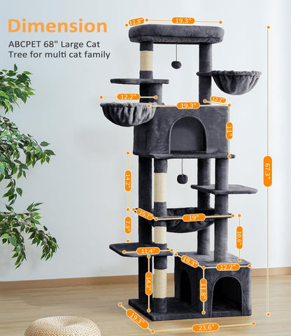 Cat Tree Large Cat Tower Tree 68" Multi-Level Cat Tower for Indoor Cats with Sisal Scratching Posts, Widen Cat Perche, Square Hammock, 2 Widen Condos, Scratching Posts, Grey