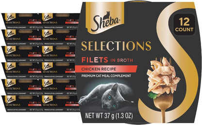 Sheba Selections Filets in Broth Adult Wet Cat Meal Complement Chicken Recipe, 1.3 oz. Cups, 12 Count