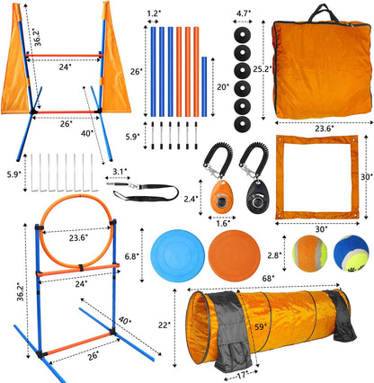 Dog Agility Training Equipment Set Outdoor Indoor Game, Tire Jump + Hurdle Jump, Tunnel, Weave Poles, Pause, 2 Toy Balls, 2 Discs, 1 Whistle, 1 Bag, 2 Training Clicker Backyard Dog Obstacle Course Kit