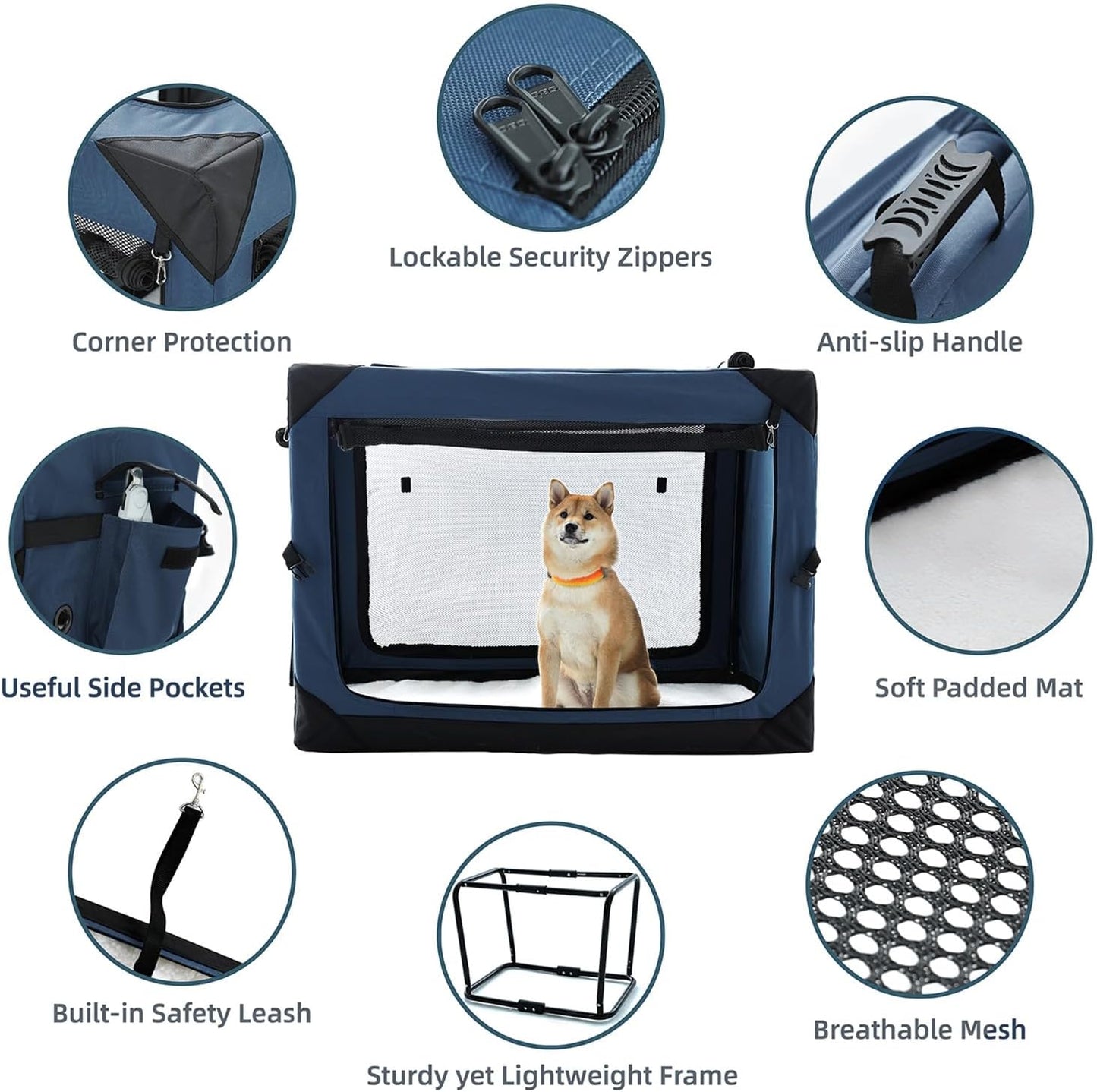 36 Inch Collapsible Crate for Large Dogs, 4-Door Foldable Soft Kennel with Chew Proof Mesh Windows for Indoor & Outdoor Travel,Navy Blue