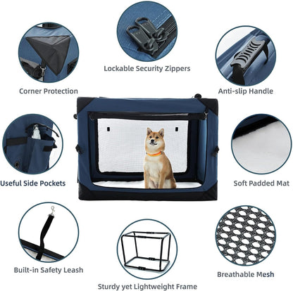 36 Inch Collapsible Crate for Large Dogs, 4-Door Foldable Soft Kennel with Chew Proof Mesh Windows for Indoor & Outdoor Travel,Navy Blue